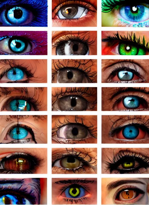 Prompt: grid montage of eyes, detailed colored textures, eyelashes, advanced art, art styles mix, from wikipedia, wet reflections in eyes, sunshine light, hd macro photograph, from side, various eyelid positions, square black pupil centered