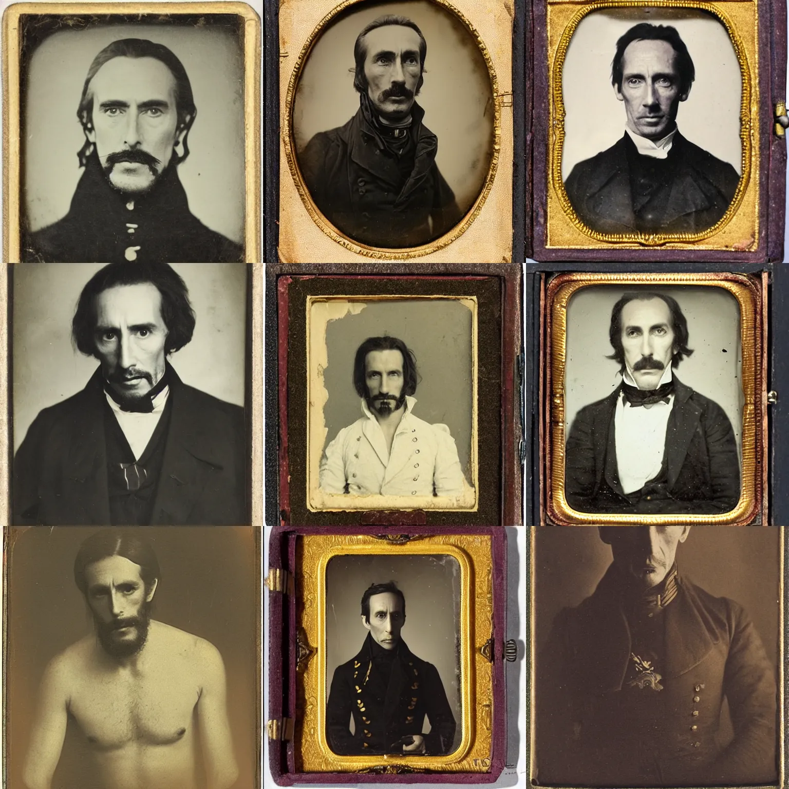 Prompt: portrait of a mid 1 9 th century, austro - hungarian, 3 5 years old, martial, awkward, stiff hunter ( christopher lee mixed with jonathan hyde - with brown hair and ( ( long, brown goatee ) ) ). daguerreotype by emil rabending