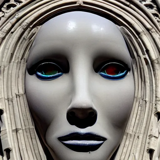 Image similar to architectural shot, no decaying lines, alabaster gothic cathedral, gothic black opal skin woman, macro head face