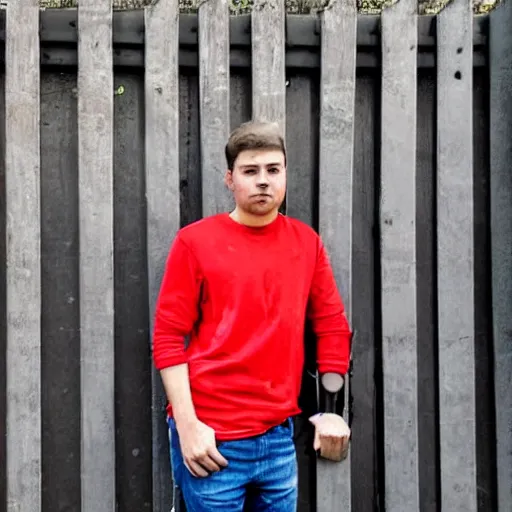 Image similar to Young man standing looking to the right in a red bandana, blue striped shirt, gray vest and a gun with a partly cloudy sky in the background. The young man is standing in front of an iron fence. Photograph. Real life