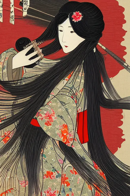 Image similar to portrait of a long haired woman wearing a red kimono playing a biwa in traditional japanese house, delicate, detailed long black hair, detailed flower pattern kimono, elegant, anime key visual, fukaya yuichiro