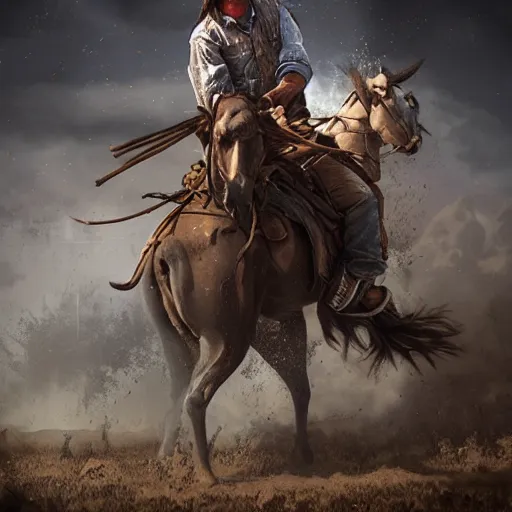 Image similar to a last stand of a cowboy, DeviantArt, art station, illustration, highly detailed, artwork, cinematic, hyper realistic