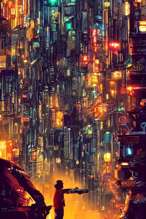 Image similar to movie poster for randypunk, intricate cyberpunk city, orange overlooking city, street gang, dramatic lighting, epic composition, bladerunner, tatsuki fujimoto