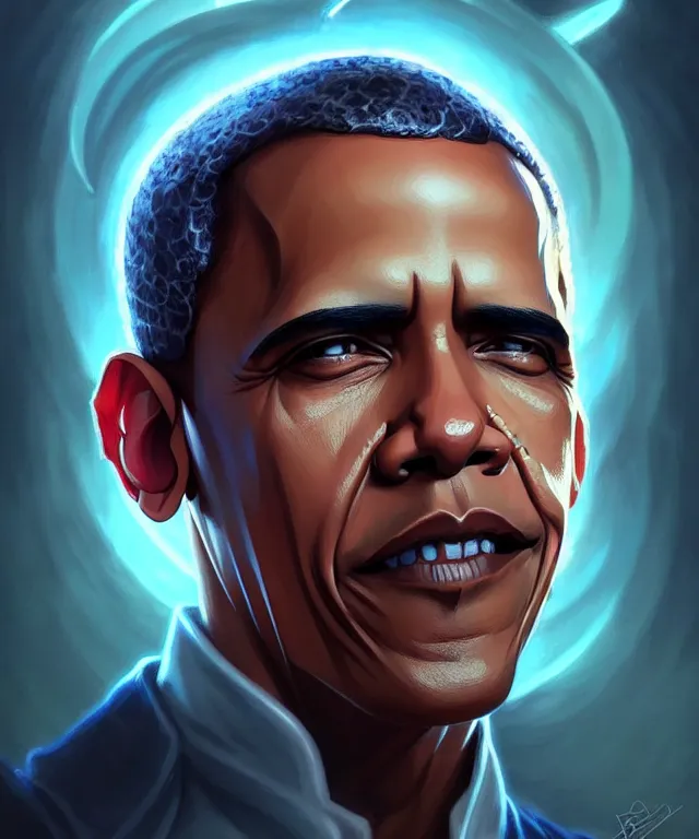 Prompt: Obama as a fantasy magic man portrait, sci-fi, amber eyes, face, fantasy, intricate, elegant, highly detailed, digital painting, artstation, concept art, smooth, sharp focus, illustration, art by artgerm and greg rutkowski and alphonse mucha