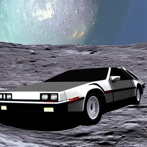 Prompt: digital art, trending on artstation, a delorean on the moon ground with views of the earth in the background