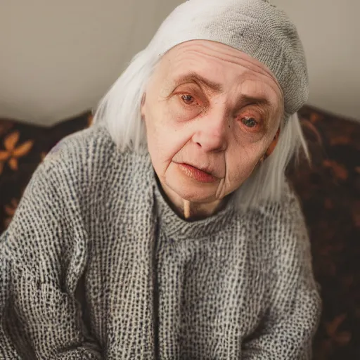 Image similar to Billie Eilish as an old lady, XF IQ4, 150MP, 50mm, F1.4, ISO 200, 1/160s, natural light