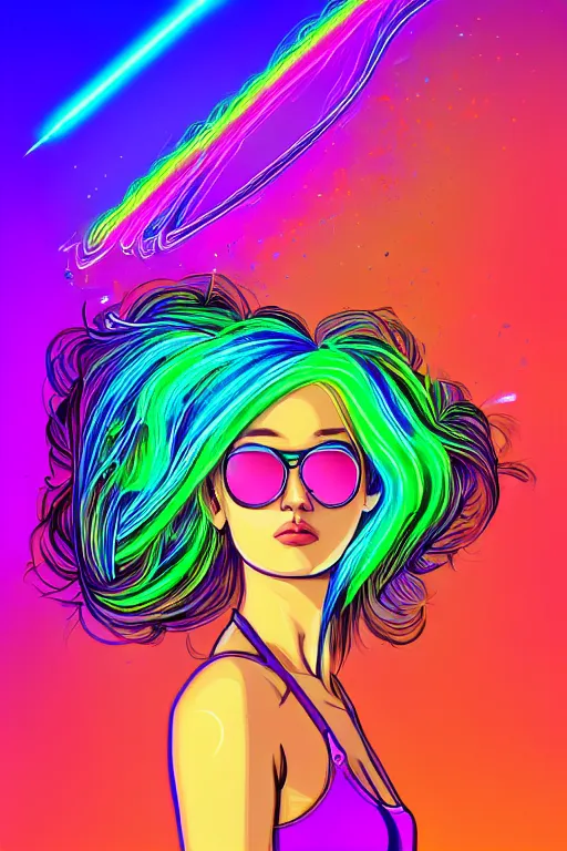 Prompt: a award winning half body portrait of a beautiful woman with stunning eyes in a croptop and cargo pants with rainbow colored ombre hairstyle head in motion and hair flying by josan gonzales, outlined by whirling illuminated neon lines, sunglasses, outrun, vaporware, shaded flat illustration, digital art, trending on artstation, highly detailed, fine detail, intricate