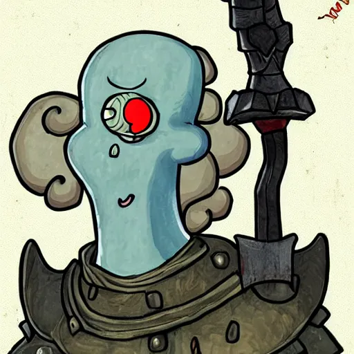 Prompt: squidward as a dark souls boss by Mario Alberti