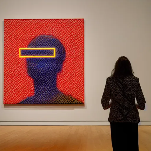 Prompt: art curator looking at a screen with a painting of virtualboy, recursive, on stage in the middle of a fashion show in the style of grand chamaco and stanley kubrick, inspired by juana molina, photorealistic, epic, super technical, cinematic still