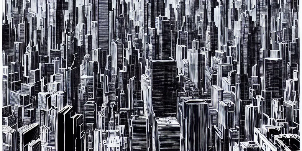 Prompt: skyline of city, extremely detailed, bold line art, by vincent di fate and joe fenton and artgerm, inking, etching, screen print, masterpiece, trending on artstation, sharp, high contrast, hyper realistic, hd, 4 k, 8 k