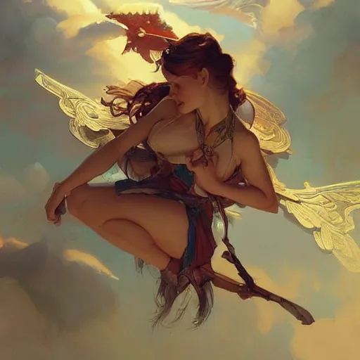 Image similar to plane on the sky d & d fantasy intricate elegant highly detailed digital painting artstation concept art matte sharp focus illustration hearthstone art by artgerm art by greg rutkowski, art by alphonse mucha