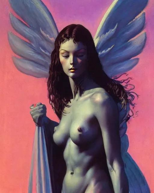 Prompt: portrait of frail and pale female peace angel full - body, beautiful! scenery art!! coherent! by frank frazetta, by brom, strong line, vivid neon color, artstation / pixiv!! elegantly armored angel portrait full - body