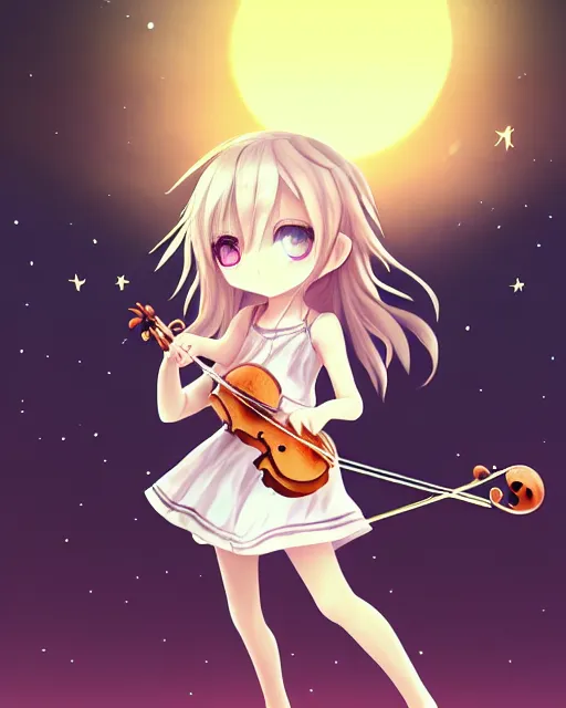 Image similar to chibi, cute, big eyes, full body, elf girl with white skin and golden long wavy hair, holding a violin and playing a song, stunning art style, filters applied, lunar time, night sky, trending art, sharp focus, centered, landscape shot, fate zero, simple background, studio ghibly makoto shinkai yuji yamaguchi, by wlop