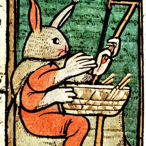 Image similar to medieval book illustration of a rabbit playing drums