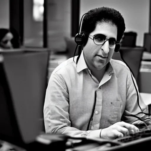 Image similar to a picture of kevin mitnick working in an indian call center, canon, black and white, high resolution, perfect face, detailed face