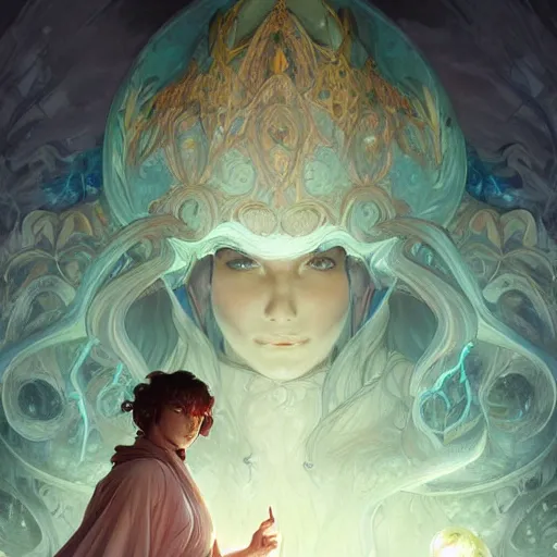 Image similar to young summoner with a water elemental, fantasy, man, thick robes, intricate, elegant, highly detailed, digital painting, artstation, concept art, wallpaper, smooth, sharp focus, illustration, art by artgerm and greg rutkowski and alphonse mucha