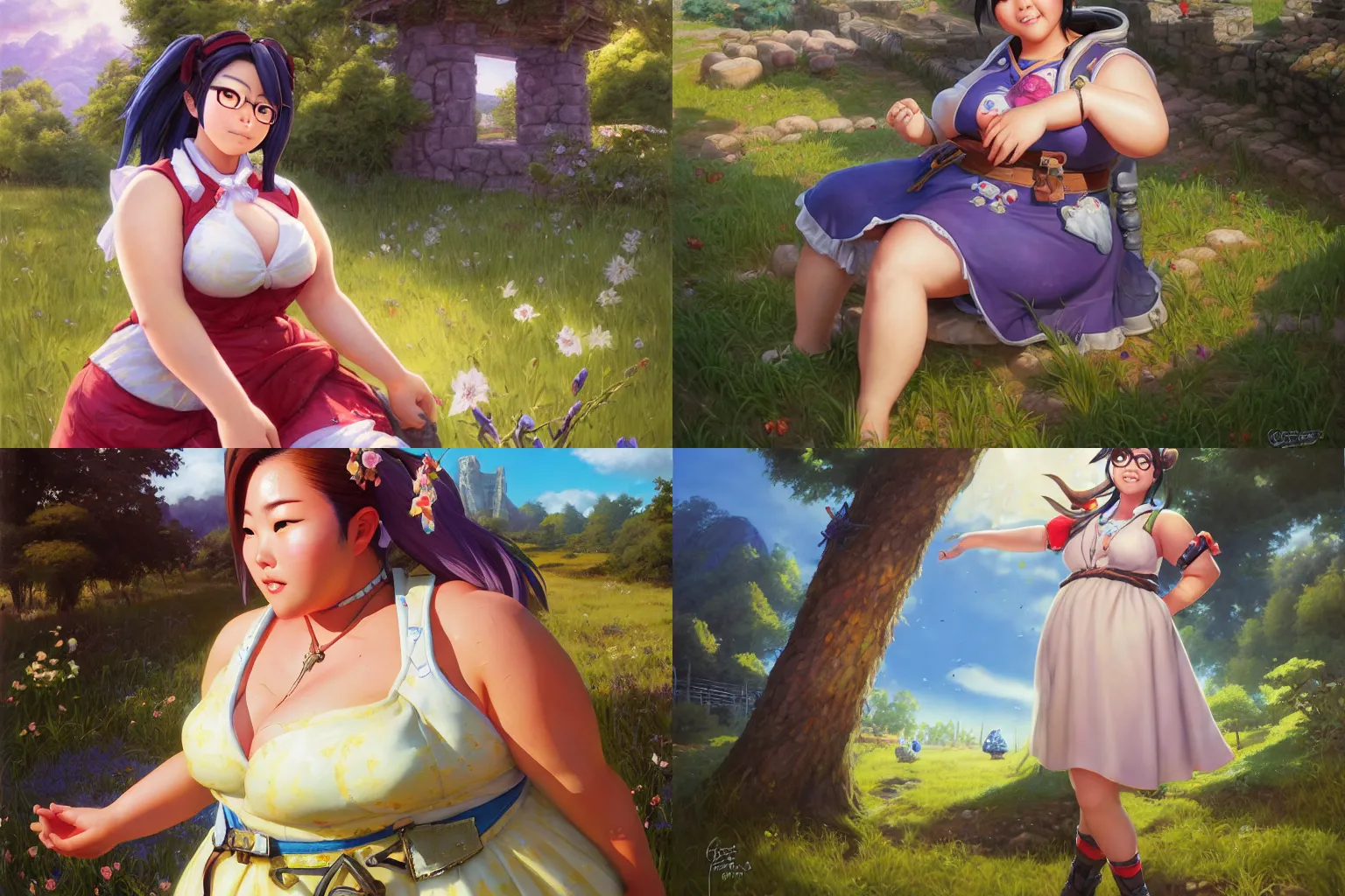 Prompt: portrait, mei from overwatch wearing a beautiful summer dress in the countryside, by greg staples and jeff easley, chubby, beautiful scene, hyper - realistic, intricate, summer day, sunlight, cheerful, soft lighting, detailed