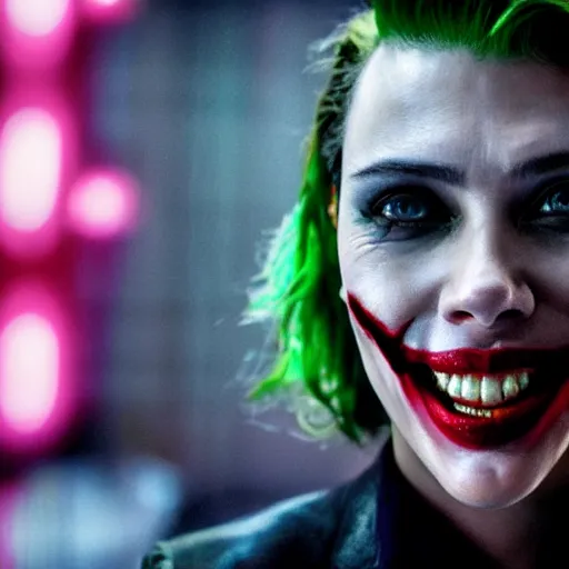 Image similar to stunning awe inspiring scarlett johansen as the joker, movie still 8 k hdr atmospheric lighting