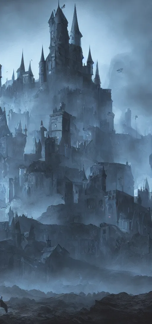 Prompt: A digital concept art painting of a dark blue medieval fantasy european ghotic castle with black brick in desert, 4K UHD image, unreal engine, Graphic Novel, Visual Novel