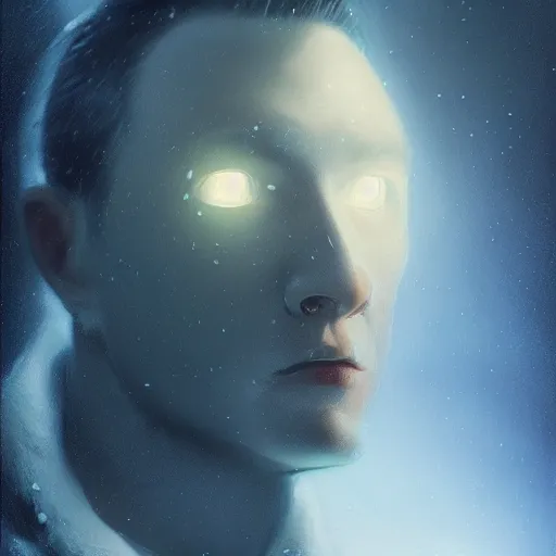 Prompt: 3 d, sci - fi, close - up, winter, man esthete with disgust face, moon, cinematic, fog, moon rays, vogue cover style, poster art, deep blue mood, realistic painting, intricate oil painting, high detail illustration, figurative art, multiple exposure, poster art, by tooth wu and wlop and beeple and greg rutkowski