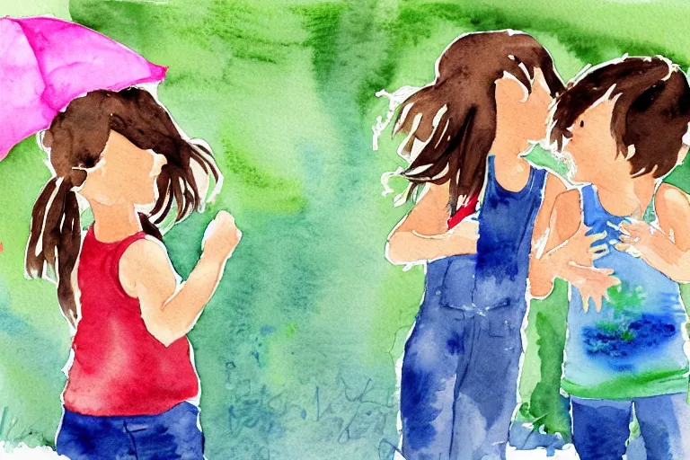 Prompt: Watercolor illustration of two kids who are best friends having the perfect summer day