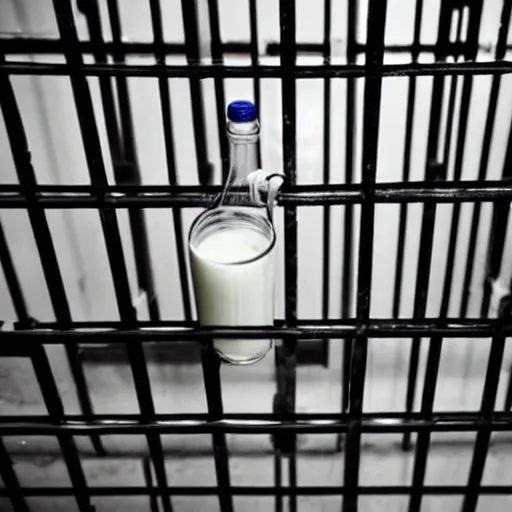 Prompt: bottle of milk inside a jailcell behind bars