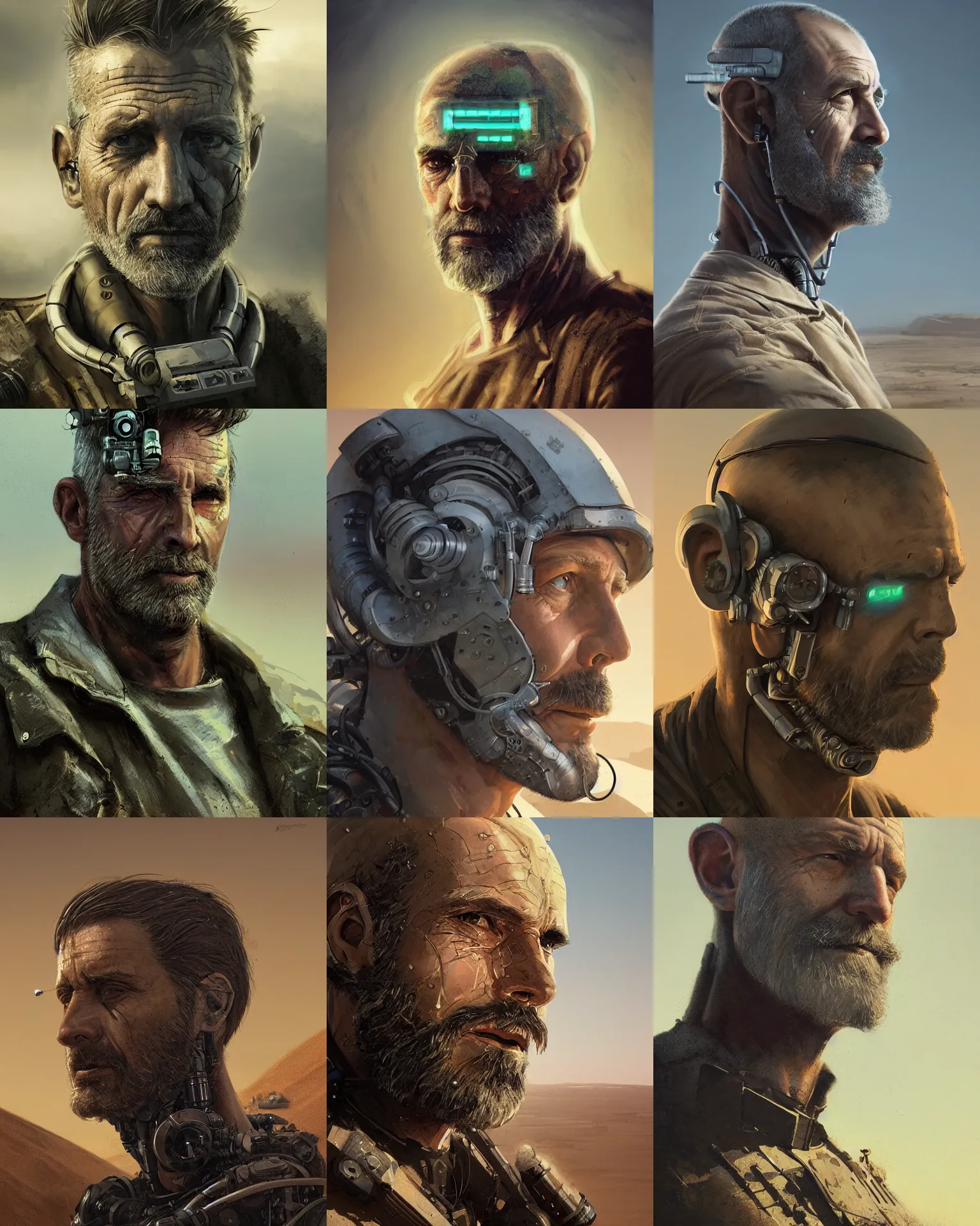 Image similar to a rugged middle aged engineer man with cybernetic enhancements and half head shaved lost in the desert, scifi character portrait by greg rutkowski, esuthio, craig mullins, short beard, green eyes, 1 / 4 headshot, cinematic lighting, dystopian scifi gear, gloomy, profile picture, mechanical, half robot, implants, steampunk