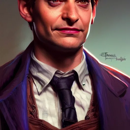 Prompt: handsome Tobey Maguire as Goblin Jr, western, D&D, fantasy, intricate, elegant, highly detailed, digital painting, artstation, concept art, matte, sharp focus, illustration, art by Artgerm and Greg Rutkowski and Alphonse Mucha