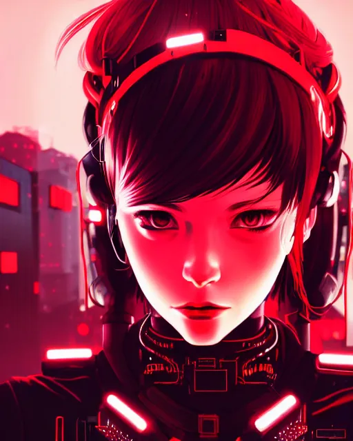 Prompt: a detailed potrait of a cyberpunk cyborg girl with black and red parts, fine - face, realistic shaded perfect face, detailed. night setting. very anime style. realistic shaded lighting poster by ilya kuvshinov katsuhiro, unreal engine, global illumination, radiant light, detailed and intricate environment