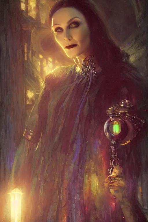 Prompt: morticia addams as doctor who, radiant light, caustics, heroic, bright iridescent light, by gaston bussiere, bayard wu, greg rutkowski, maxim verehin bloom dramatic lighting