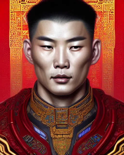 Image similar to portrait of a chinese masculine male cyberpunk machine, machine face, upper half portrait, decorated with chinese opera motifs, muscular, asian, fine china, wuxia, traditional chinese art intricate intense elegant 京 剧 highly detailed digital painting artstation concept art smooth sharp focus illustration, art by artgerm and greg rutkowski alphonse mucha 8 k