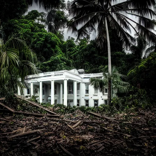 Prompt: hyperrealistic highdetailed abandoned modern white house with crushed windows by zaha hadid in the tropical wood, palms, overgrown place, predators guarding, mystic, melancholy, pinhole analogue photo quality, lomography, scratches on photo, noise effect, blur effect, monochrome