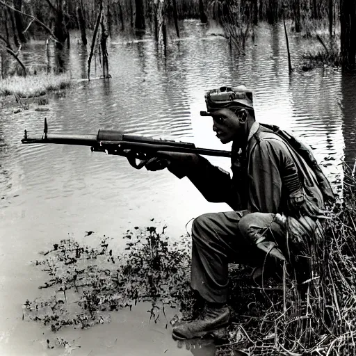 Image similar to american soldier in the swamps of louisiana in the 1 9 5 0 s holding an m 1 garand photograph