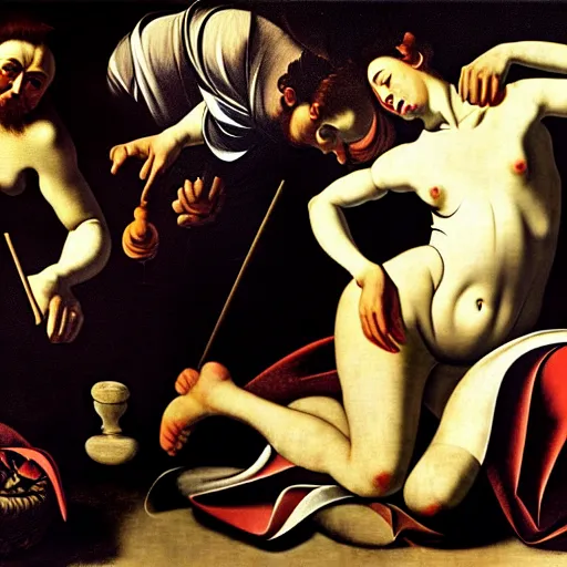 Image similar to wallpaper in style of caravaggio, giger, kandinsky