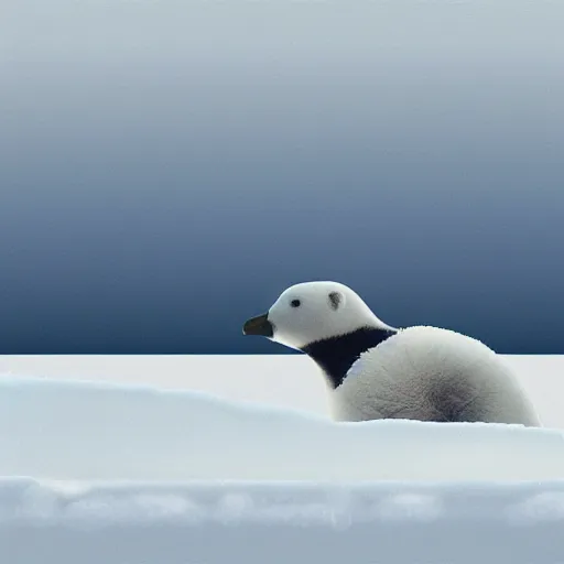 Prompt: hyperrealistic photo of pingu in real life, arctic wildlife photographer's picture, extremely detailed, impressive shading, polar bears in the beakground