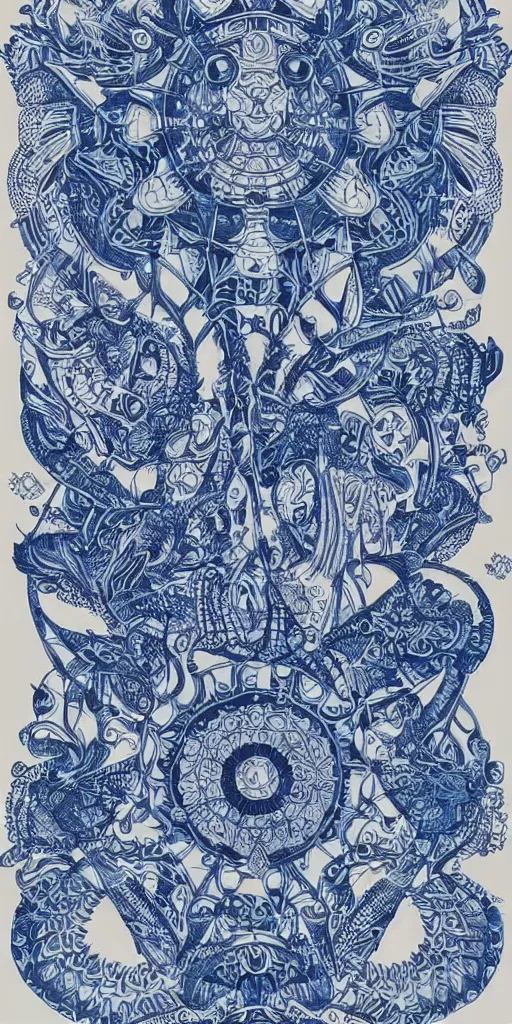 Prompt: blue paper + an intricate gemini depiction + symmetry + elaborate ink illustration