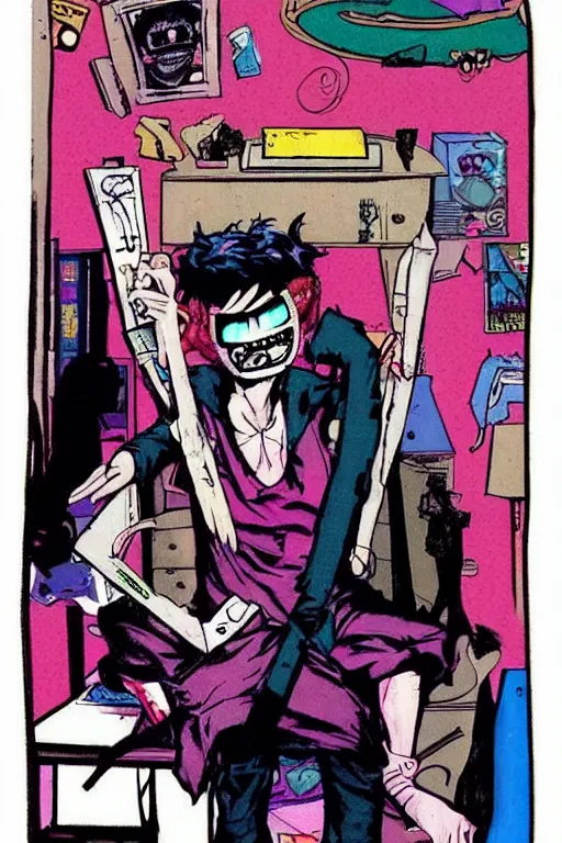 Image similar to nerdy goth guy, cluttered messy 9 0 s bedroom, by jamie hewlett, jamie hewlett art, vaporwave, 9 0 s aesthetic, 9 0 s vibe, concept art, full body character concept art, perfect face, detailed face,