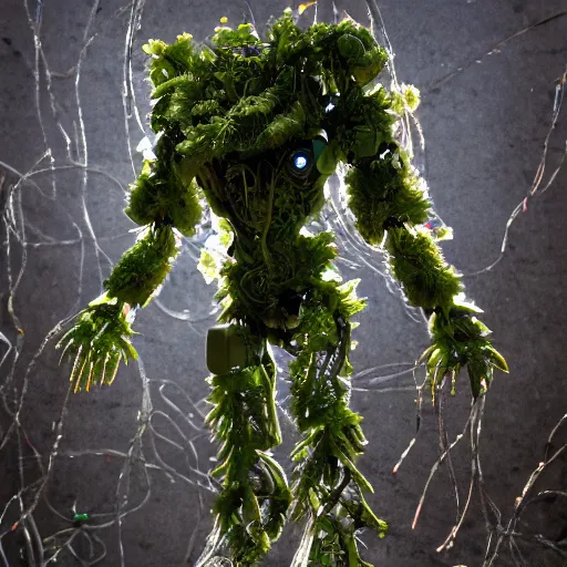 Image similar to overgrown foliage taking over an abandoned humanoid robot body, close - up, 3 5 mm, biopunk, bokeh, beautiful, lens flare, emotional, sweet, flowers, detailed, picture, trending on artstation, award - winning, shiny, golden