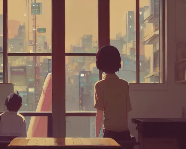 Image similar to seen through a window, tokyo bar, detailed, cory loftis, james gilleard, atey ghailan, makoto shinkai, goro fujita, studio ghibli, rim light, exquisite lighting, clear focus, very coherent, plain background, soft painting