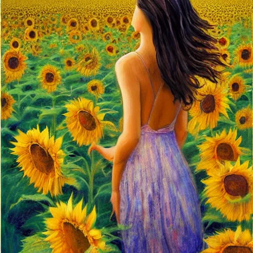 Prompt: a girl in amazing tall sunflower field, her hair flowing down, subtle, intricate details, real masterpiece, surreal, oil on canvas, by somsak anong