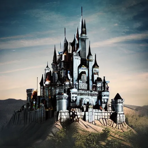 Image similar to photo of a futuristic metal castle with guns