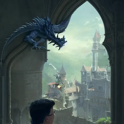 Prompt: michael mcintyre looking into a mirror in a castle, there is a dragon in the sky, anatomy, bathed in light, highly detailed, photorealistic, artstation, smooth, sharp focus, illustration, unreal engine 5, 8 k, art by artgerm and greg rutkowski and edgar maxence