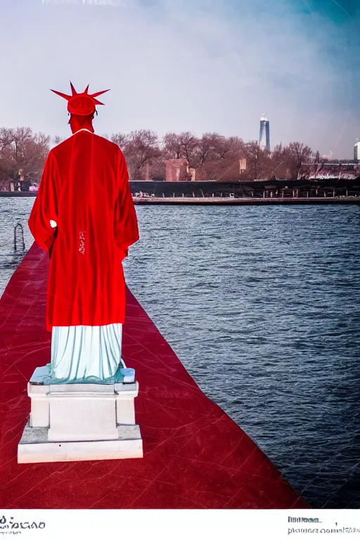 Prompt: award winning photo of the Statue of Liberty at Ellis Island wearing red robe, white bonnet dramatic, cinematic lighting, 4k