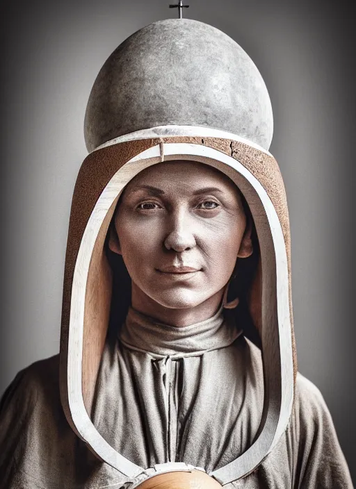 Image similar to realistic photo portrait of a a medieval wooden sculpture of a female monk dressed wearing in white spherical hat helmet made of wood, sci - fi, greyscale 1 9 9 0, life magazine photo, natural colors,