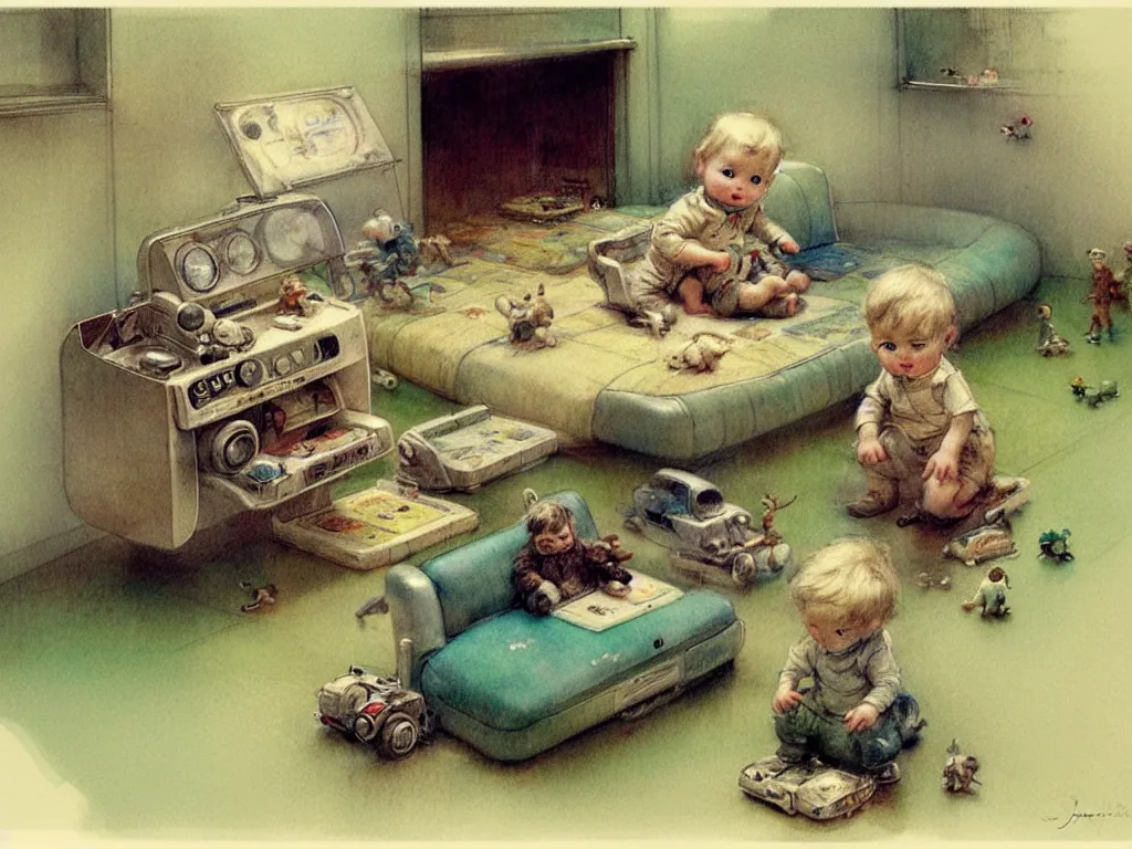 Image similar to toddler ( ( ( ( ( 1 9 5 0 retro future living room. muted colors. toys laying around ) ) ) ) ) by jean baptiste monge, chrome green