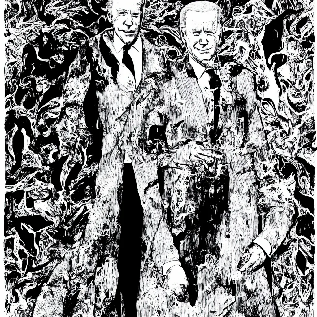 Image similar to Joe Biden full body portrait, body horror, black and white Illustration by Junji Ito