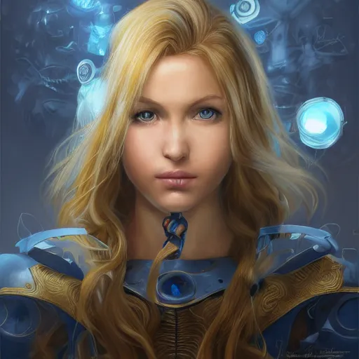 Prompt: an insanely detailed realistic depiction of samus aran, flowing golden blonde hair, sapphire blue eyes, perfect makeup, perfect teeth, wearing lovely blue dress, in the style of peter mohrbacher, artgerm, dramatic lighting and composition, octane render, trending on artstation, concept art 8 k