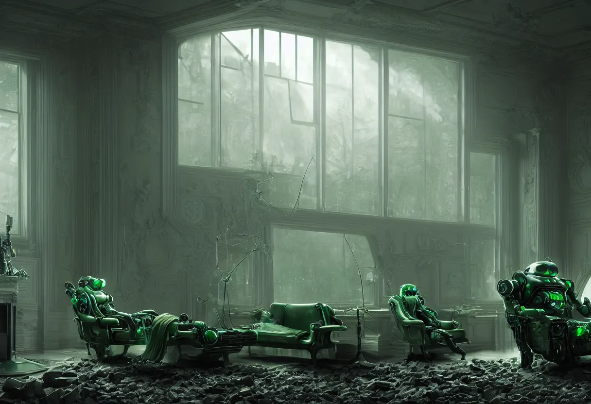 Prompt: An award-winning highly detailed 8k anamorphic closeup tight cinematic movie photograph of a solitary green and gray futuristic cybertronic robot seated on a fainting couch facing a roaring fire in a huge fireplace in a post-apocalyptic Victorian home, cold light from the window, with cinematic lighting and lens flare, tall ceiling, octane render, by Simon Stalenhag and Sylvian Boussiron and Gregory Crewdson and Alfonso Cuaron