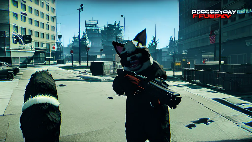 Image similar to Screenshot from the PC game Payday 2 demonstrating the fursuit unlock