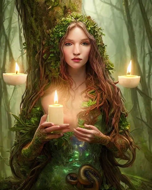 Image similar to portrait high definition photograph cute girl holding a candle fantasy character art, hyper realistic, pretty face, hyperrealism, iridescence water elemental, snake skin armor forest dryad, woody foliage, 8 k dop dof hdr fantasy character art, by aleski briclot and alexander'hollllow'fedosav and laura zalenga